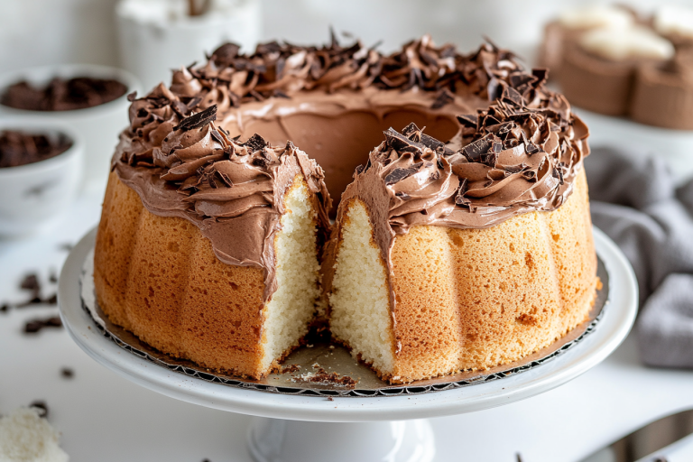 angel food cake with whipped chocolate frosting