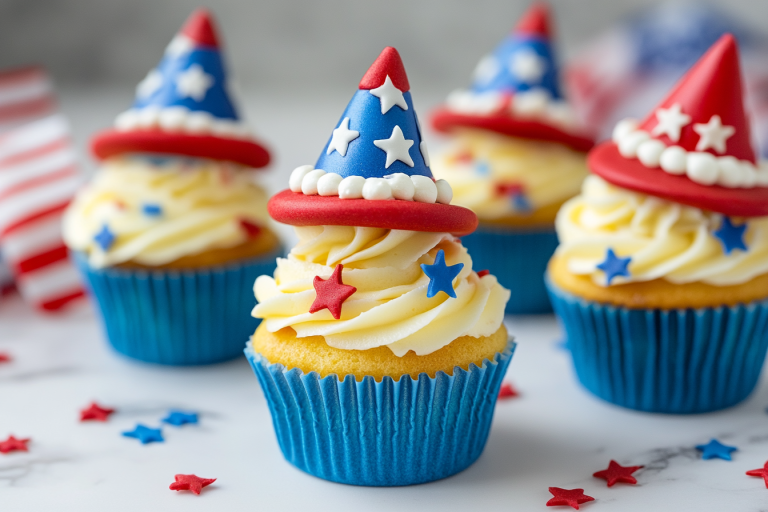 # Red, White, and Blue Hi Hat Cupcakes: A Patriotic Treat for Every Celebration I've been baking for holiday celebrations for years, and let me tell you, nothing captures the spirit of American patriotic holidays quite like red, white, and blue desserts! Today, I'm excited to share my recipe for Red, White, and Blue Hi Hat Cupcakes that will absolutely wow your guests at your next Fourth of July party, Memorial Day barbecue, or any patriotic gathering. ## What Are Hi Hat Cupcakes? Hi Hat cupcakes are a unique and eye-catching dessert that feature a cupcake base topped with a tall swirl of frosting that's then dipped in a coating that hardens (typically chocolate). What makes them special is their distinctive tall "hat" appearance that rises majestically above the cupcake base. These Red, White, and Blue Hi Hat Cupcakes take the classic design and give it a patriotic spin with carefully layered colors and flavors that represent the American flag. The first time I made these for my family's Fourth of July picnic, they disappeared faster than fireworks in the night sky! People couldn't stop taking photos before devouring them. The combination of the soft cupcake, creamy frosting, and the slight crack of the coating creates a truly delightful textural experience with every bite. ## Materials Needed ### Ingredients and Equipment | Category | Item | Quantity | Purpose | |----------|------|----------|---------| | **Cupcake Base** | All-purpose flour | 1 ½ cups | Forms the structure of the cupcake | | | Granulated sugar | 1 cup | Sweetens the cupcake base | | | Baking powder | 1 ½ teaspoons | Leavening agent | | | Salt | ¼ teaspoon | Balances sweetness | | | Unsalted butter (room temperature) | ½ cup (1 stick) | Adds richness and moisture | | | Eggs | 2 large | Provides structure and richness | | | Vanilla extract | 2 teaspoons | Flavor enhancer | | | Whole milk | ½ cup | Adds moisture | | **Frosting** | Heavy whipping cream | 2 cups | Base for frosting | | | Powdered sugar | ¾ cup | Sweetens and stabilizes frosting | | | Vanilla extract | 1 teaspoon | Flavors frosting | | | Cream of tartar | ¼ teaspoon | Stabilizes whipped cream | | | Red gel food coloring | As needed | Creates red layer | | | Blue gel food coloring | As needed | Creates blue layer | | **Coating** | White chocolate chips | 2 cups (12 oz) | Forms hardening shell | | | Coconut oil or shortening | 2 tablespoons | Thins chocolate for dipping | | | Red, white, and blue sprinkles | ¼ cup | Decorative topping | | **Equipment** | Stand mixer or hand mixer | 1 | For mixing batter and frosting | | | Cupcake pan | 1 (12-cup) | For baking cupcakes | | | Cupcake liners | 12 | Holds cupcake batter | | | Piping bags | 3 | For assembling frosting layers | | | Large piping tip (1M or 2A) | 1 | Creates tall frosting swirl | | | Heatproof bowl | 1 | For melting chocolate | | | Tall drinking glass | 1 | Supports cupcake during dipping | | | Baking sheet | 1 | Holds dipped cupcakes | | | Cooling rack | 1 | For setting chocolate | | | Offset spatula | 1 | Helps with dipping process | ## Step-by-Step Instructions ### For the Cupcakes: 1. Preheat your oven to 350°F (175°C) and line a standard cupcake pan with paper liners. 2. In a medium bowl, whisk together the flour, baking powder, and salt. 3. In a larger bowl, beat the butter and sugar until light and fluffy (about 3-4 minutes). 4. Add eggs one at a time, beating well after each addition. 5. Stir in the vanilla extract. 6. Gradually add the dry ingredients to the butter mixture, alternating with milk, beginning and ending with the dry ingredients. 7. Fill each cupcake liner about 2/3 full with batter. 8. Bake for 18-20 minutes, or until a toothpick inserted in the center comes out clean. 9. Allow cupcakes to cool completely before frosting (this is crucial!). ### For the Frosting: 1. Chill a large bowl and beaters in the freezer for 10 minutes before starting. 2. Pour the cold heavy cream into the chilled bowl and beat on medium-high speed. 3. Once the cream starts to thicken, gradually add the powdered sugar, vanilla extract, and cream of tartar. 4. Continue beating until stiff peaks form (be careful not to overbeat). 5. Divide the whipped cream into three equal portions. 6. Leave one portion white, color one portion red, and one portion blue with gel food coloring. 7. Place each colored frosting into separate piping bags. ### Assembly: 1. Cut the tips off each piping bag and place them inside a larger piping bag fitted with a large round or star tip. 2. Position the bags so that the colors will pipe next to each other (not on top of each other). 3. Pipe tall swirls of frosting onto each cooled cupcake, creating a hi-hat effect with the three colors showing together. 4. Place the frosted cupcakes in the freezer for at least 30 minutes to set the frosting firm. ### For the Coating: 1. Melt white chocolate chips with coconut oil in a microwave-safe bowl in 30-second intervals, stirring between each until smooth. 2. Allow the melted chocolate to cool slightly but remain fluid (about 5-10 minutes). 3. Dip each frozen frosted cupcake upside down into the white chocolate, submerging just the frosting (not the cake). 4. Let excess chocolate drip off, then quickly sprinkle with red, white, and blue sprinkles before the coating sets. 5. Place dipped cupcakes on a baking sheet and refrigerate until the coating is firm, about 15 minutes. ## Similar Variations You Can Try * **Strawberry and Blueberry Hi Hats**: Use real fruit purees to color and flavor your frosting naturally instead of food coloring. * **Stars and Stripes Hi Hats**: Create a striped effect by piping horizontal stripes of colored frosting instead of vertical ones. * **Red Velvet Base**: Use a red velvet cupcake base for the red layer instead of vanilla with red frosting. * **Dipped Tiers**: Create a half-dipped look by only dipping the top portion of the frosting in white chocolate. * **Mini Hi Hats**: Make bite-sized versions using mini cupcake pans for a party platter. ## Common Mistakes and How to Avoid Them * **Frosting Too Soft**: If your frosting isn't stiff enough, it will collapse during dipping. Make sure to beat to stiff peaks and freeze thoroughly before dipping. * **Chocolate Too Hot**: If your white chocolate is too hot when dipping, it will melt the frosting. Allow it to cool slightly after melting. * **Rushing the Process**: These cupcakes require patience. Don't skip the freezing steps or you'll end up with a messy result. * **Uneven Color Distribution**: When assembling your piping bag, make sure all three colors are positioned evenly for the best striped effect. * **Thick Coating**: If your chocolate coating is too thick, it will be difficult to bite through. Add a little more coconut oil to thin it if needed. ## Nutritional Tips * **Portion Control**: These are definitely a special treat! Consider making mini versions for fewer calories per serving. * **Lighter Options**: Replace some of the butter in the cupcake with applesauce to reduce fat content. * **Natural Colors**: Use strawberry and blueberry purees or powders instead of artificial food coloring. * **Dairy Alternatives**: Substitute coconut cream for heavy cream in the frosting for a dairy-free version. * **Reduced Sugar**: The frosting can work with about 25% less sugar than called for if you prefer a less sweet treat. ## Tips for Success 1. **Temperature Matters**: Keep everything cold! Chill your bowl and beaters before whipping cream, and don't skip the freezing step before dipping. 2. **Gel vs. Liquid Food Coloring**: Always use gel food coloring for the frosting as liquid can thin the whipped cream too much. 3. **Practice Makes Perfect**: If this is your first time making hi hat cupcakes, try a practice round with just one cupcake before dipping them all. 4. **Working Quickly**: Once you start the dipping process, work quickly and efficiently to prevent the frosting from softening. 5. **Storage**: Keep these refrigerated until about 20 minutes before serving. They can be made a day ahead, but are best enjoyed within 24 hours. 6. **Frosting Height**: Pipe the frosting at least 2 inches high for the most impressive presentation. 7. **Sprinkle Timing**: Have your sprinkles ready before you start dipping, as the coating sets quickly and sprinkles need to be added while it's still wet. I've found that preparing all components in advance and setting up a little assembly line makes the process much more manageable. You'll want to clear plenty of refrigerator and freezer space before starting this project! ## Final Thoughts on Red, White, and Blue Hi Hat Cupcakes These show-stopping Red, White, and Blue Hi Hat Cupcakes are definitely worth the extra effort. They make a statement at any patriotic celebration and never fail to impress guests. The combination of soft vanilla cake, creamy tricolor frosting, and crisp white chocolate coating creates a dessert experience that's as delightful to eat as it is beautiful to behold. I love making these cupcakes because they bring such joy to everyone who sees them. There's something magical about transforming simple ingredients into such a spectacular treat. Whether you're celebrating Independence Day, Memorial Day, Veterans Day, or just want to show your American spirit, these cupcakes will be the star of your dessert table. Give them a try—I promise the "oohs" and "aahs" will be worth every minute you spend creating them!